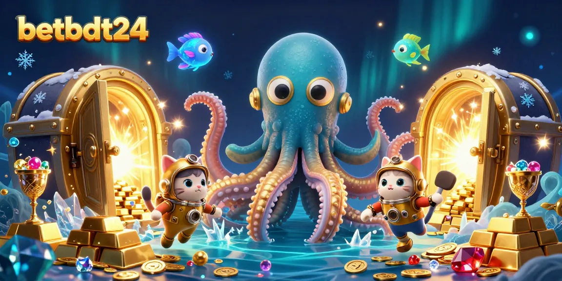 Engage in thrilling gameplay at betbdt24 with an illustration of gold-sculpted oceanic treasures and animated characters.