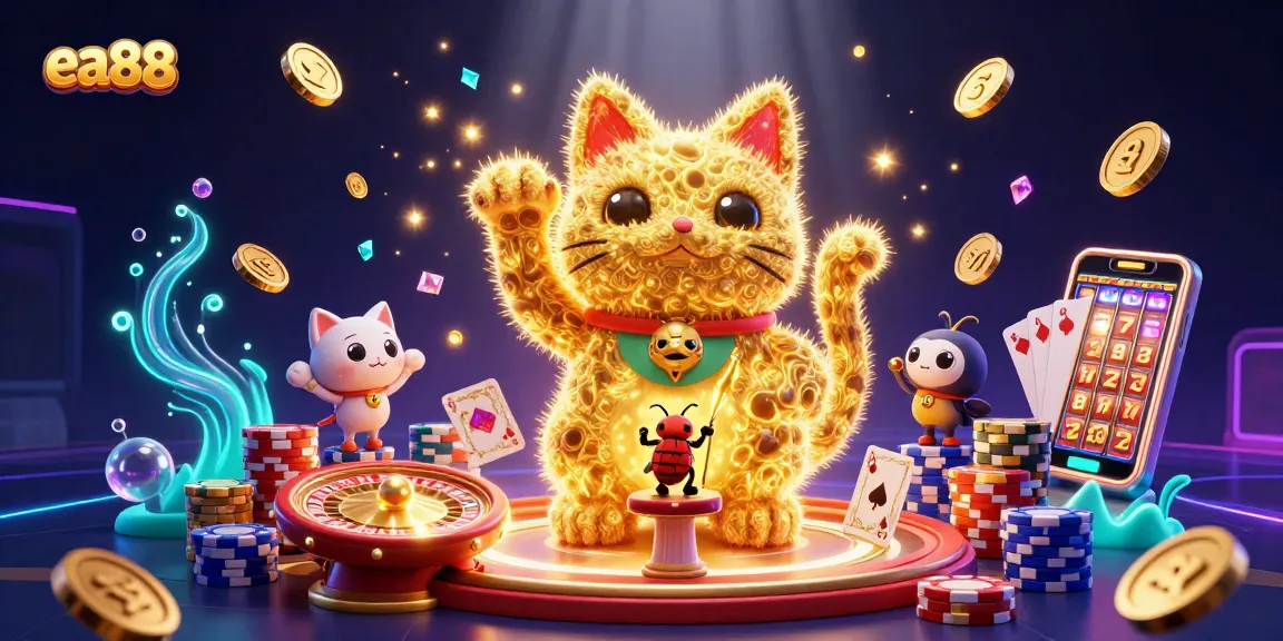 Play engaging slot games at ea88 with a vibrant digital illustration showcasing bonuses and jackpots.