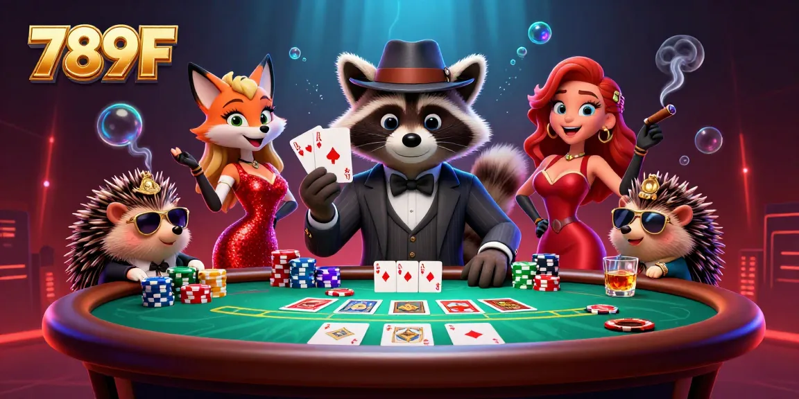 789F showcases a raccoon in a pinstripe suit winning big at a vibrant casino poker table.