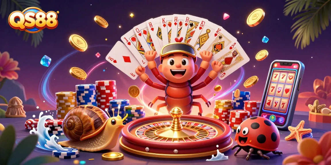 QS88 casino illustration featuring a millipede dealer, vibrant gaming elements, and festive design elements.