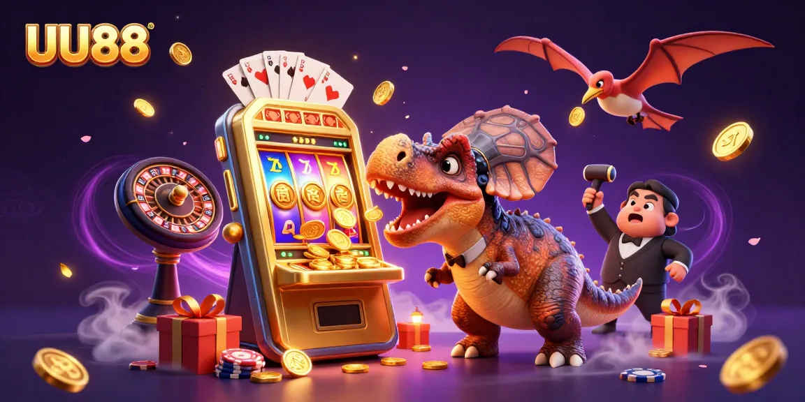 UU88 slots come alive with a cartoon dinosaur jackpot at a vibrant casino scene.