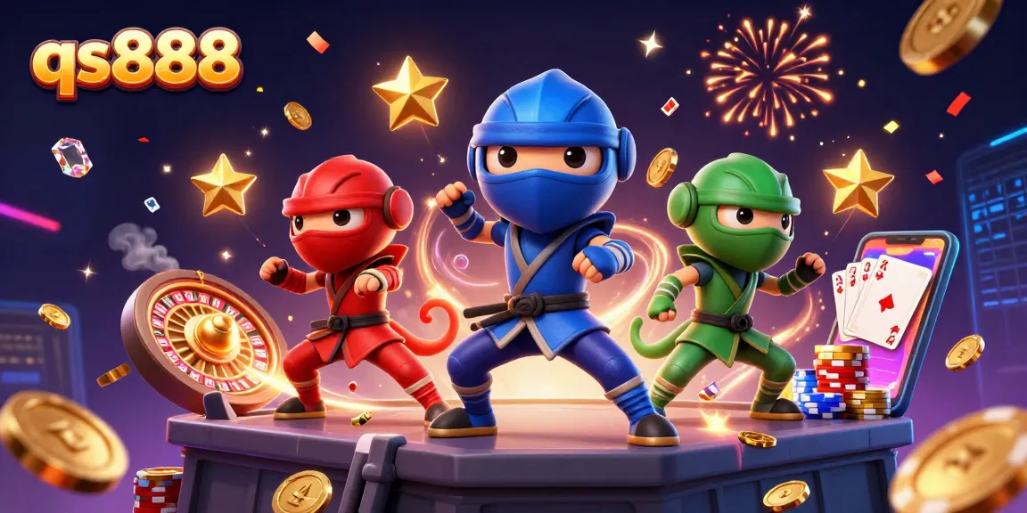 Spin to win on qs888 with 3D ninja chameleons surrounded by golden coins and casino elements.