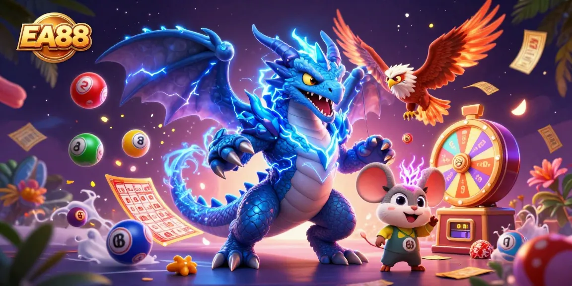 Engaging EA88 gaming scene with dynamic lottery elements and vibrant characters.
