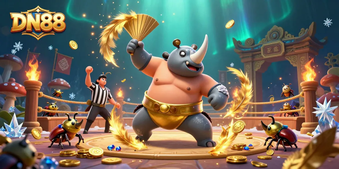 Experience thrilling gameplay at DN88 with a dynamic scene of a rhinoceros beetle sumo champion amid flying coins.