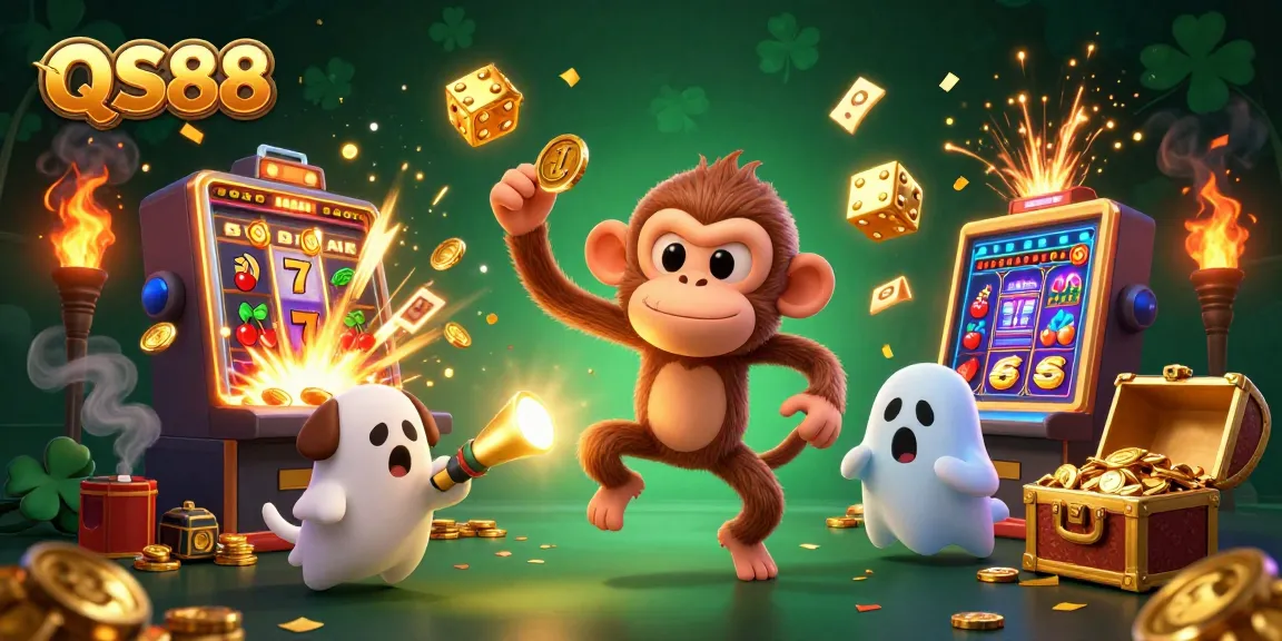 Experience QS88's exciting gaming atmosphere with a poltergeist monkey and ghost-hunter puppy in a haunted casino.