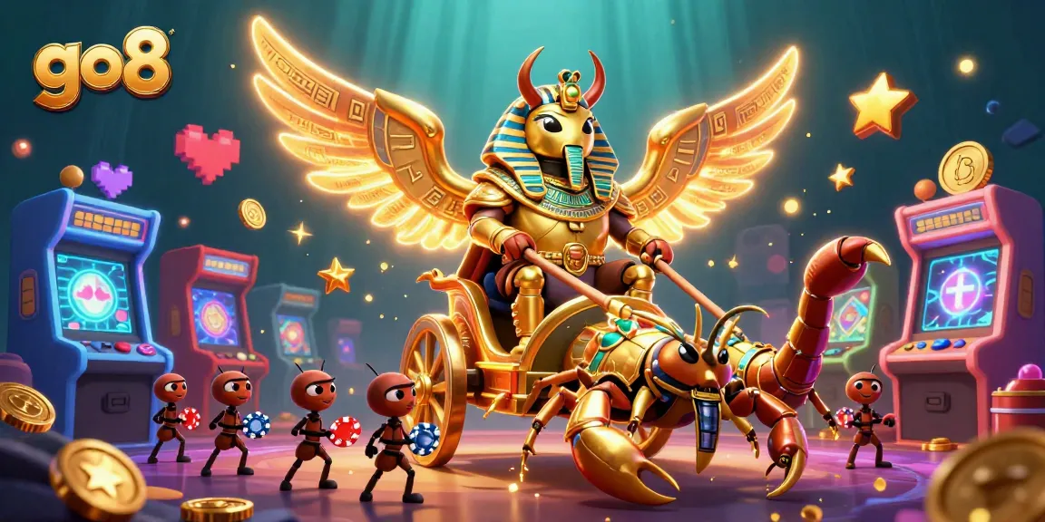 Experience thrilling fun at go8 casino with a lavish illustration of a scarab beetle and scorpions.